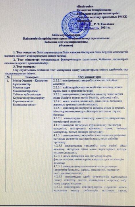 Оқу сауаттылығы спецификациясы (4-сынып)