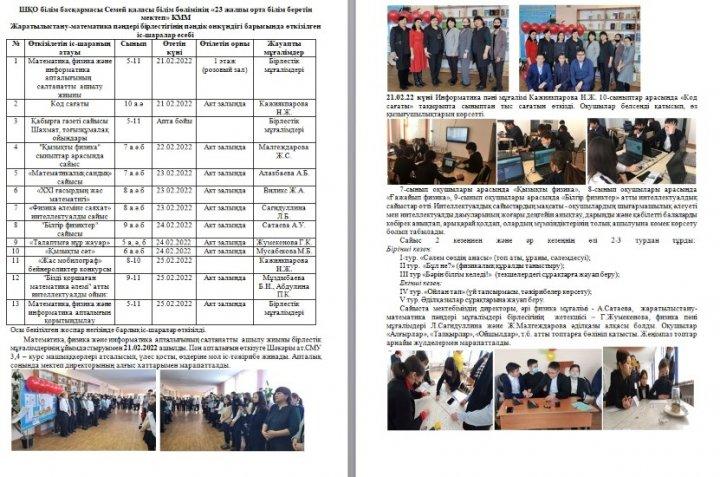 ШҚО білім басқармасы Семей қаласы білім бөлімінің «23 жалпы орта білім беретін мектеп» КММ Жаратылыстану-математика пәндері бірлестігінің пәндік онкүндігі барысында өткізілген іс-шаралар есебі