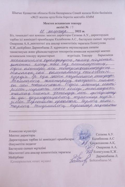 Мектеп асханасын тексеру актісі