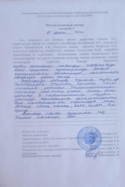 Мектеп асханасын тексеру актісі