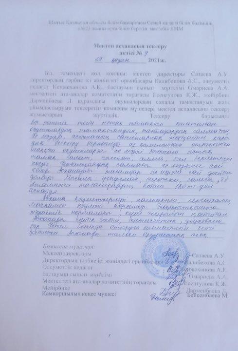Мектеп асханасын тексеру актісі