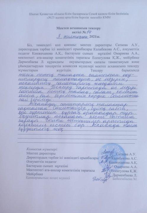Мектеп асханасын тексеру актісі