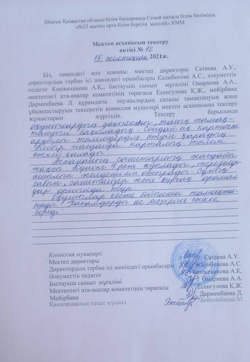 Мектеп асханасын тексеру актісі