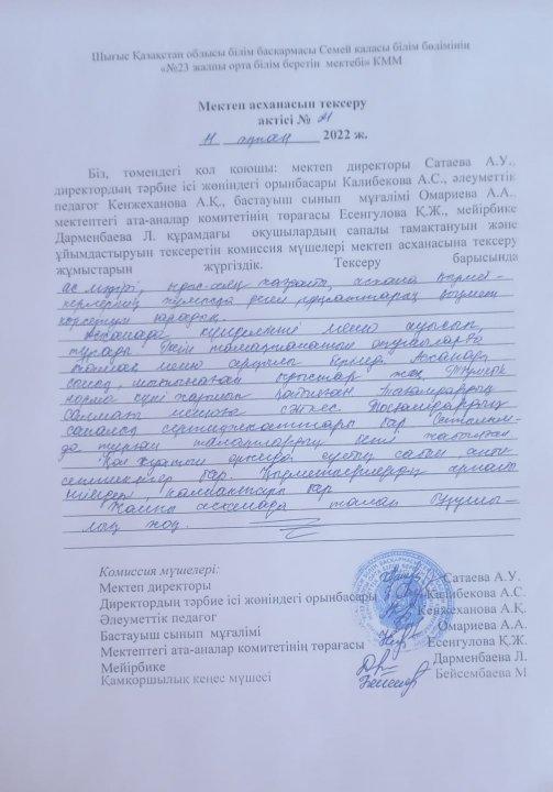 Мектеп асханасын тексеру актісі