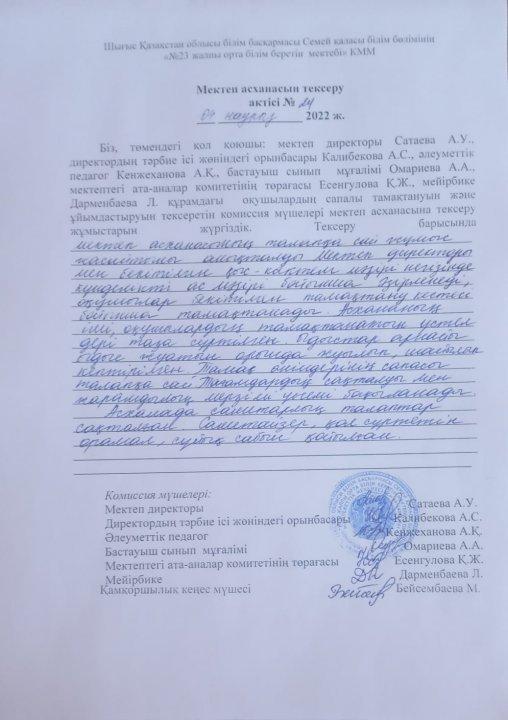 Мектеп асханасын тексеру актісі