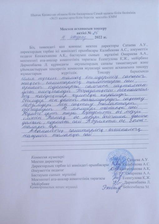 Мектеп асханасын тексеру актісі