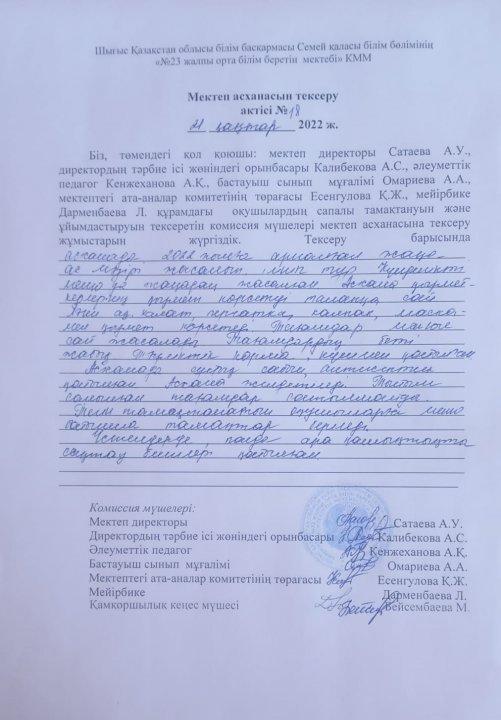 Мектеп асханасын тексеру актісі