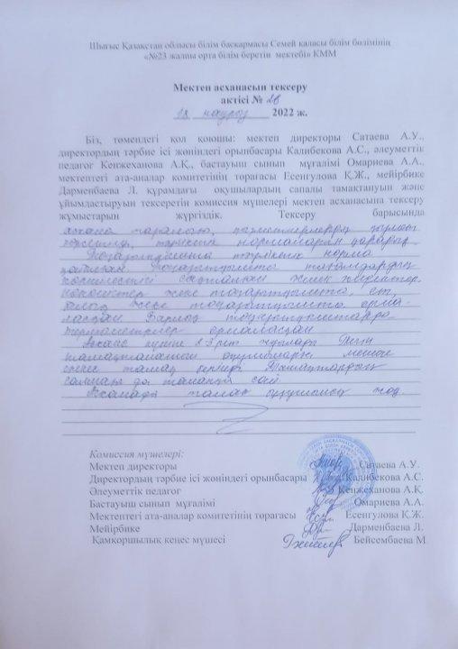 Мектеп асханасын тексеру актісі