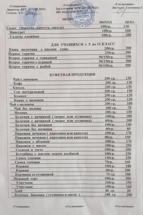 Мектеп асханасының ас мәзірі
