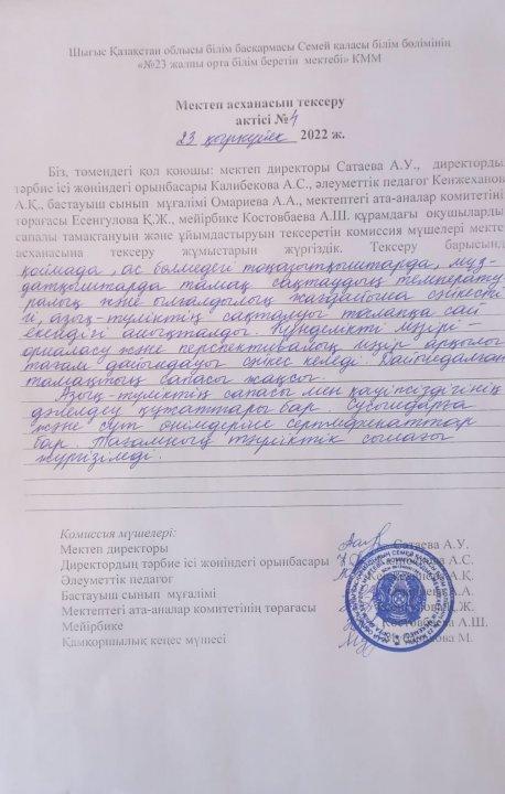 Мектеп асханасын тексеру актісі