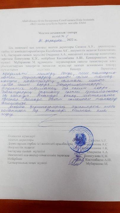 Мектеп асханасын тексеру актісі