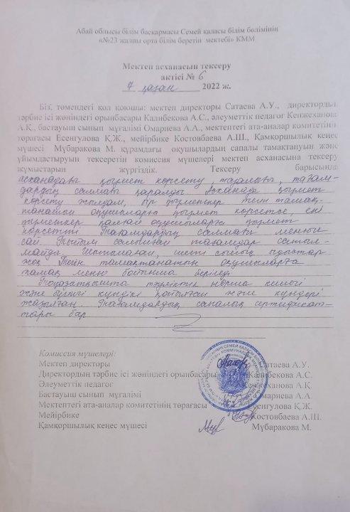 Мектеп асханасын тексеру актісі