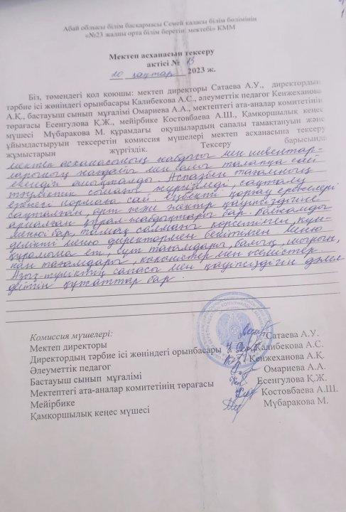 Мектеп асханасын тексеру актісі