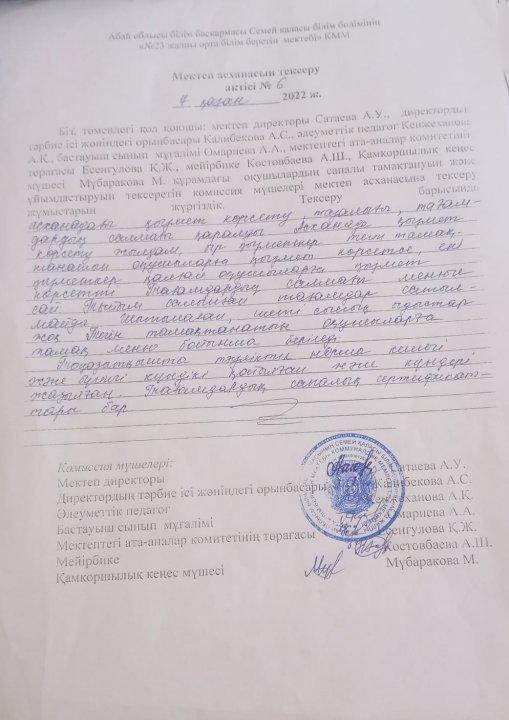 Мектеп асханасын тексеру актісі