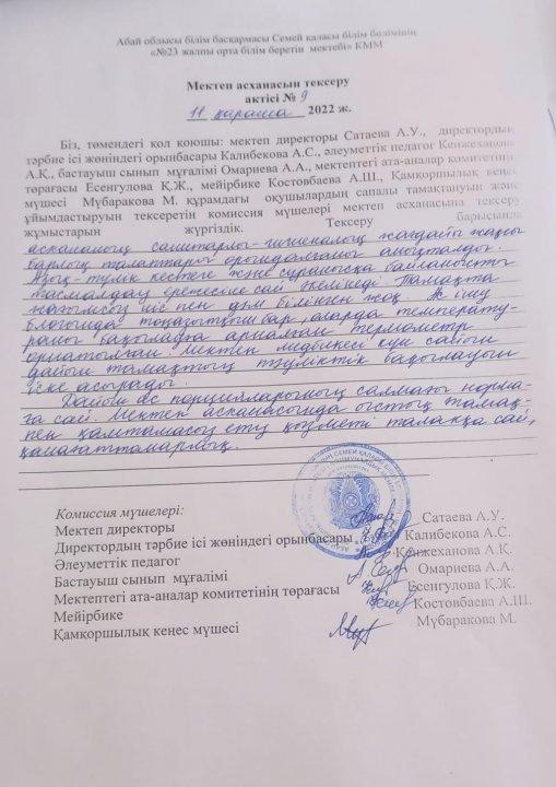 Мектеп асханасын тексеру актісі