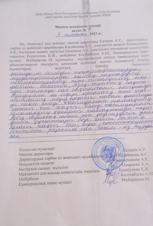 Мектеп асханасын тексеру актісі