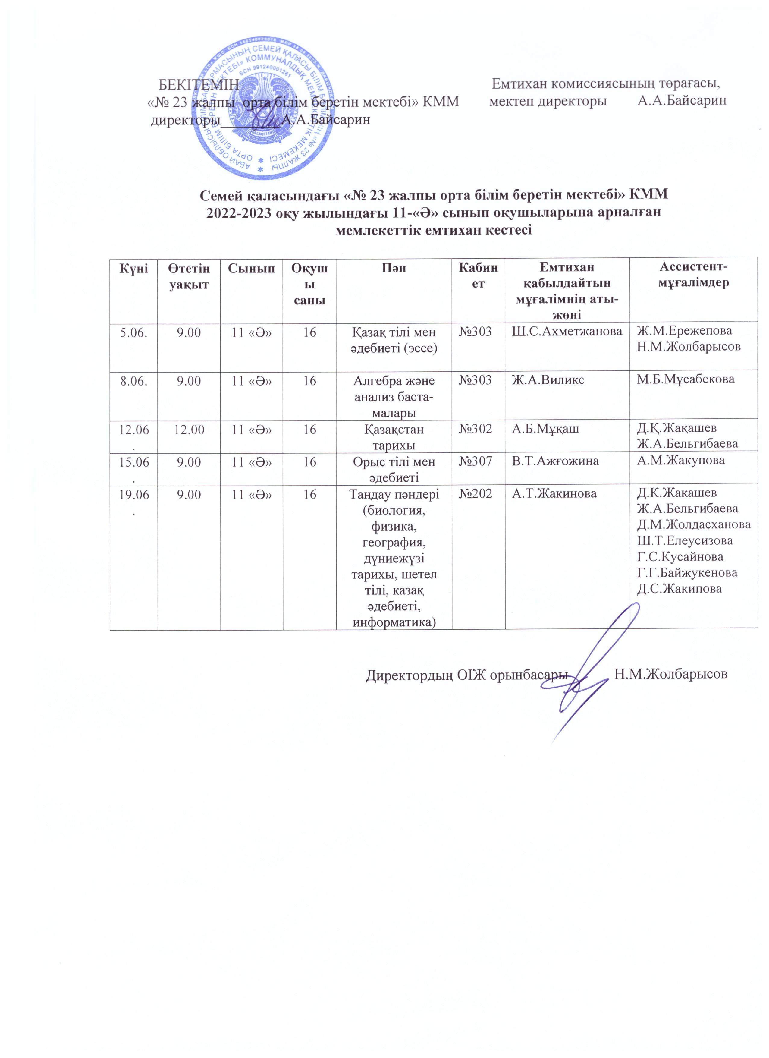2022-2023 оқу жылындағы 11 "Ә" сынып оқушыларына арналған мемлекеттік емтихан кестесі