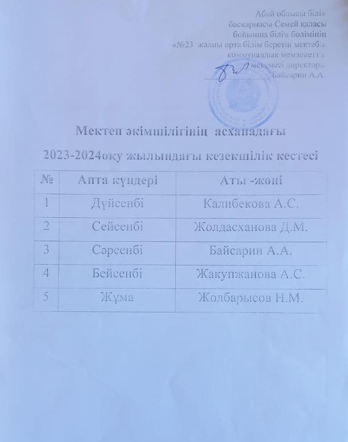 Мектеп әкімшілігінің асханадағы кезекшілік кестесі