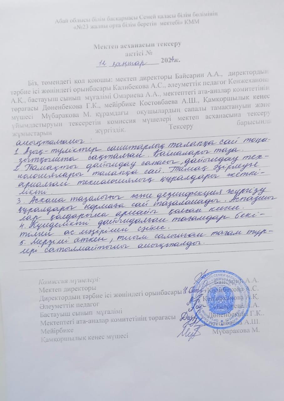 Мектеп асханасын тексеру актісі