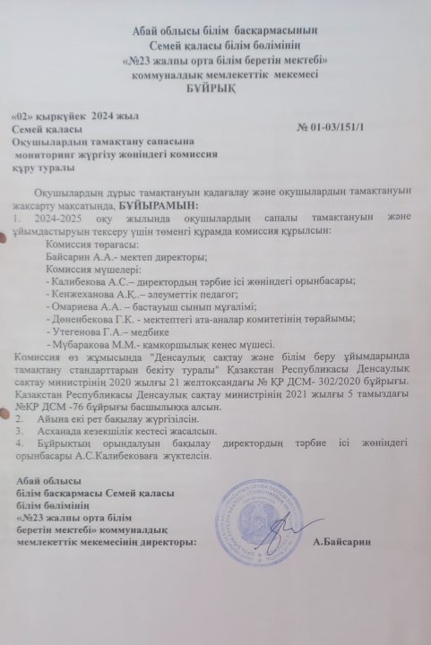 Оқушылардың тамақтану сапасына мониторинг жүргізу  жөніндегі комиссия құру туралы бұйрық