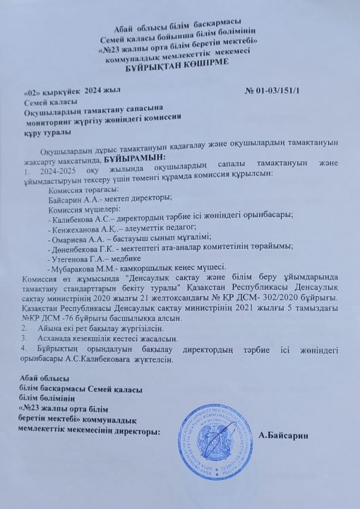 Оқушылардың тамақтану сапасына мониторинг жүргізу жөніндегі комиссия құру туралы бұйрық