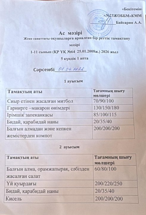 Жеке санаттағы оқушыларға арналған ас мәзірі