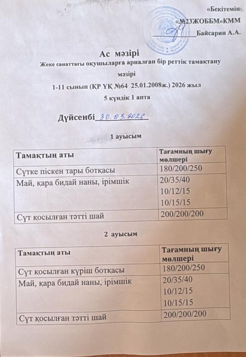 Жеке санаттағы оқушыларға арналған ас мәзірі