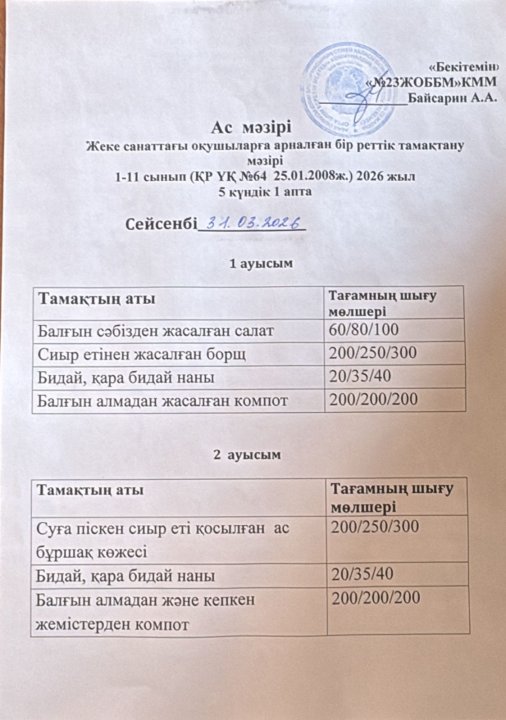 Жеке санаттағы оқушыларға арналған ас мәзірі