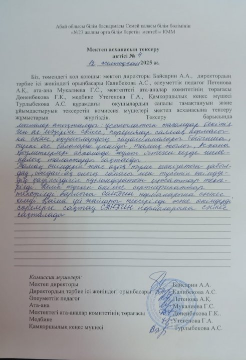 Мектеп асханасын тексеру актісі
