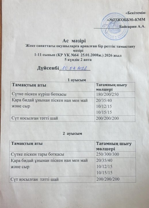 Жеке санаттағы оқушыларға арналған ас мәзірі