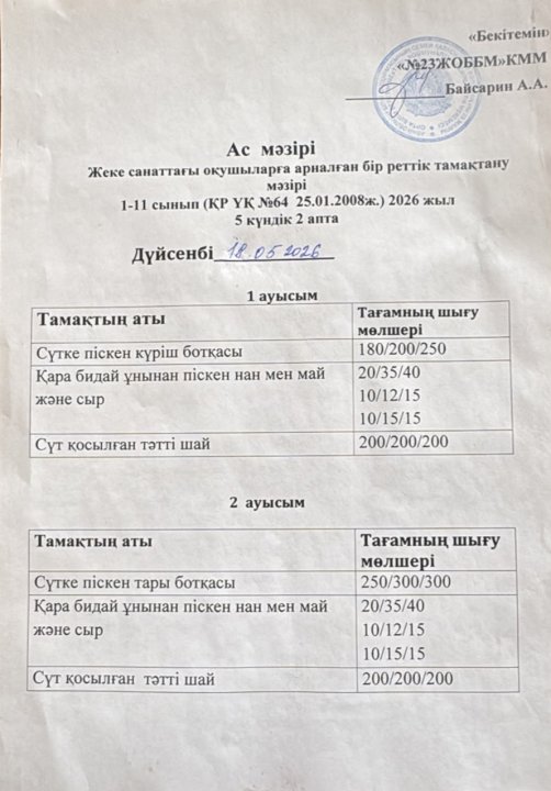 Жеке санаттағы оқушыларға арналған ас мәзірі